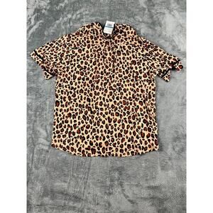NWT DKNY Leopard Print Pajama Top Short Sleeve Button Down Sleep Shirt XL